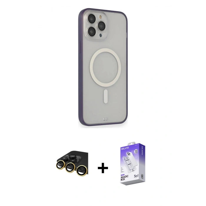 MARSİLYAN™- iPhone 14 Pro Max Kılıf Siluet Işık Koleksiyonu - Siyah Bilvis 5in1 3D Magic Cam Ekran Koruyucu + Gold Raze Metal Kamera Lens