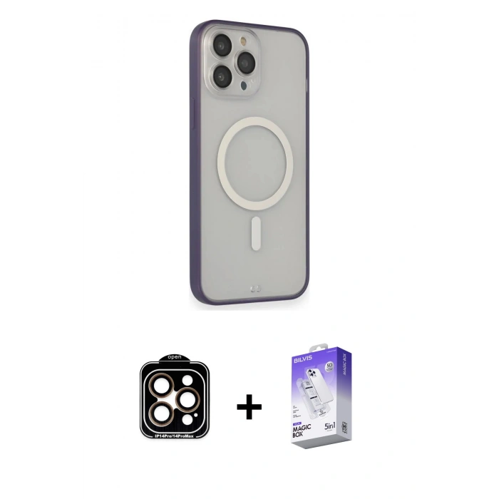 MARSİLYAN™- iPhone 14 Pro Max Kılıf Siluet Işık Koleksiyonu - Siyah Bilvis 5in1 3D Magic Cam Ekran Koruyucu + PVD Metal Kamera Lens - TU