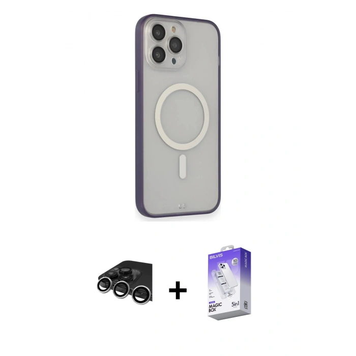 MARSİLYAN™- iPhone 14 Pro Max Kılıf Siluet Işık Koleksiyonu - Siyah Bilvis 5in1 3D Magic Cam Ekran Koruyucu + Raze Metal Kamera Lens - GS