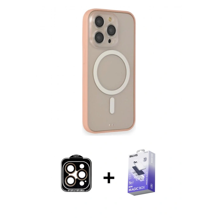 MARSİLYAN™- iPhone 14 Pro Max Kılıf Siluet Işık Koleksiyonu - Siyah Bilvis 5in1 5D Magic Hayalet Cam Ekran Koruyucu + PVD Metal Kamera Lens - TU