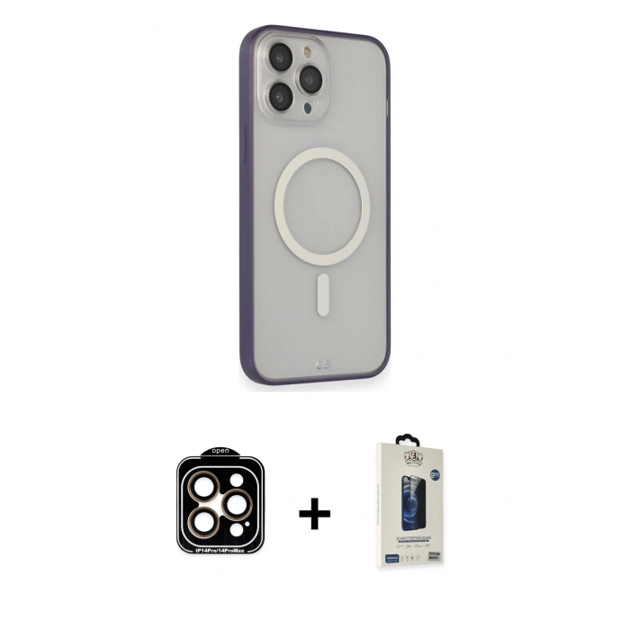 MARSİLYAN™- iPhone 14 Pro Max Kılıf Siluet Işık Koleksiyonu - Siyah Bilvis Hayalet Cam Ekran Koruyucu + PVD Metal Kamera Lens - TU