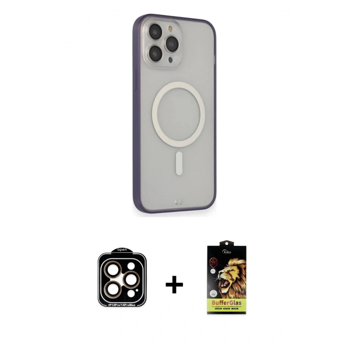 MARSİLYAN™- iPhone 14 Pro Max Kılıf Siluet Işık Koleksiyonu - Siyah Buffer Cam Ekran Koruyucu + Turuncu PVD Metal Kamera Lens