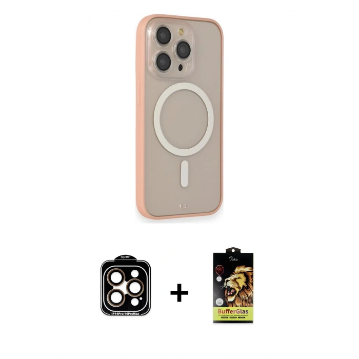 MARSİLYAN™- iPhone 14 Pro Max Kılıf Siluet Işık Koleksiyonu - Siyah Buffer Cam Ekran Koruyucu + Turuncu PVD Metal Kamera Lens