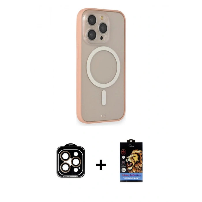 MARSİLYAN™- iPhone 14 Pro Max Kılıf Siluet Işık Koleksiyonu - Siyah Buffer Hayalet Cam Ekran Koruyucu + Turuncu PVD Metal Kamera Lens