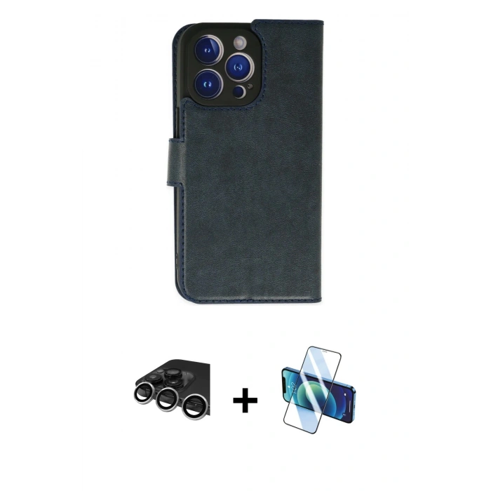 MARSİLYAN™- iPhone 14 Pro Max Kılıf Siluet Işık Serisi - Siyah 3D Antistatik Cam Ekran Koruyucu + Gümüş Raze Metal Kamera Lens