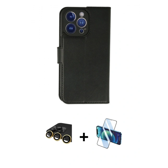 MARSİLYAN™- iPhone 14 Pro Max Kılıf Siluet Işık Serisi - Siyah 3D Antistatik Cam Ekran Koruyucu + Raze Metal Kamera Lens - GD