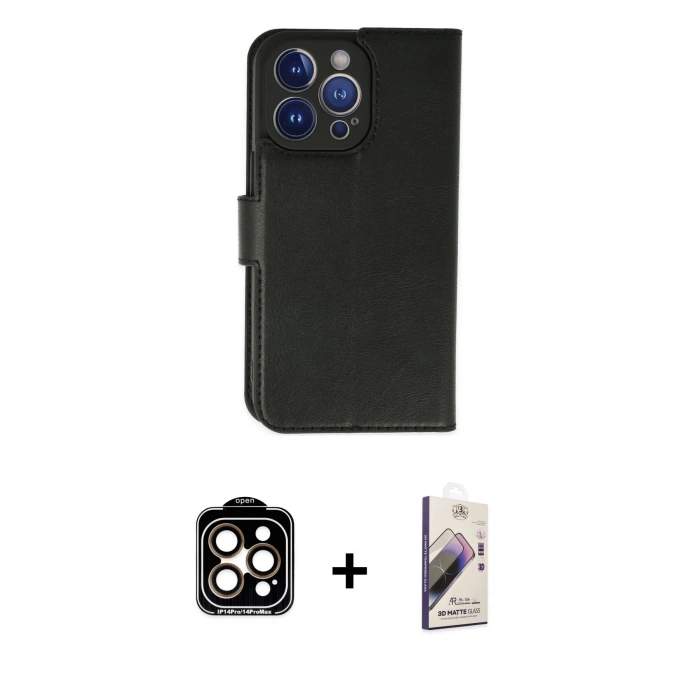 MARSİLYAN™- iPhone 14 Pro Max Kılıf Siluet Işık Serisi - Siyah Bilvis 3D Mat Cam Ekran Koruyucu + PVD Metal Kamera Lens - TU