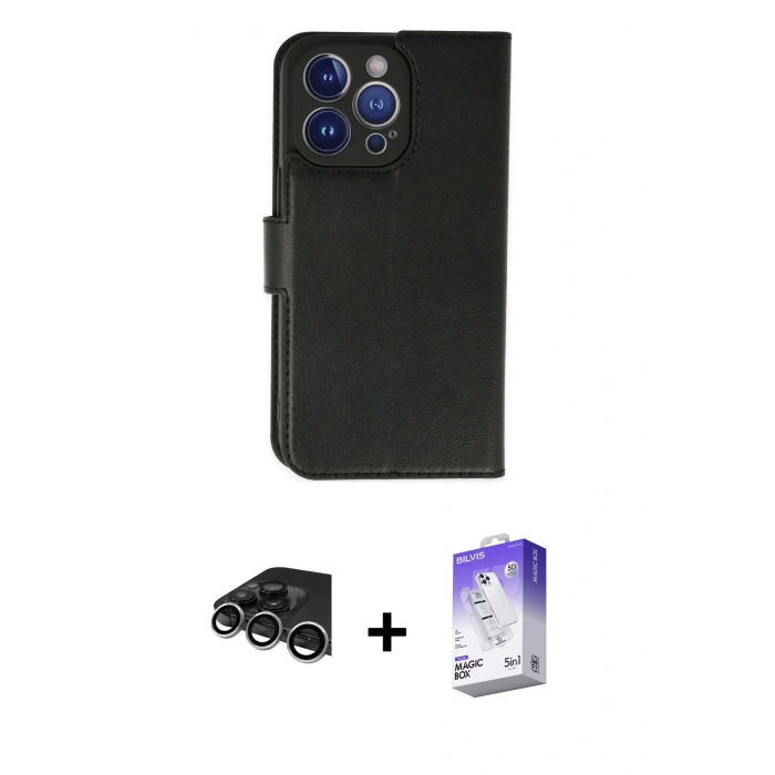 MARSİLYAN™- iPhone 14 Pro Max Kılıf Siluet Işık Serisi - Siyah Bilvis 5in1 3D Magic Cam Ekran Koruyucu + Raze Metal Kamera Lens - GS