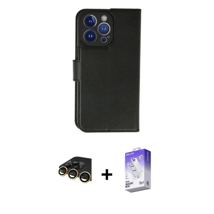 MARSİLYAN™- iPhone 14 Pro Max Kılıf Siluet Işık Serisi - Siyah Bilvis 5in1 3D Magic Cam Ekran Koruyucu + Raze Metal Kamera Lens - GD