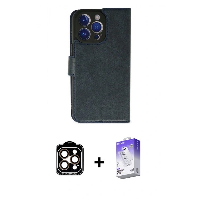 MARSİLYAN™- iPhone 14 Pro Max Kılıf Siluet Işık Serisi - Siyah Bilvis 5in1 3D Magic Cam Ekran Koruyucu + PVD Metal Kamera Lens - TU