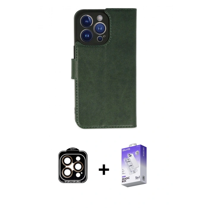MARSİLYAN™- iPhone 14 Pro Max Kılıf Siluet Işık Serisi - Siyah Bilvis 5in1 3D Magic Cam Ekran Koruyucu + PVD Metal Kamera Lens - TU