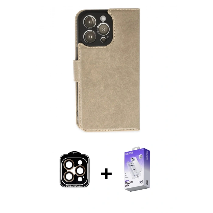 MARSİLYAN™- iPhone 14 Pro Max Kılıf Siluet Işık Serisi - Siyah Bilvis 5in1 3D Magic Cam Ekran Koruyucu + PVD Metal Kamera Lens - TU