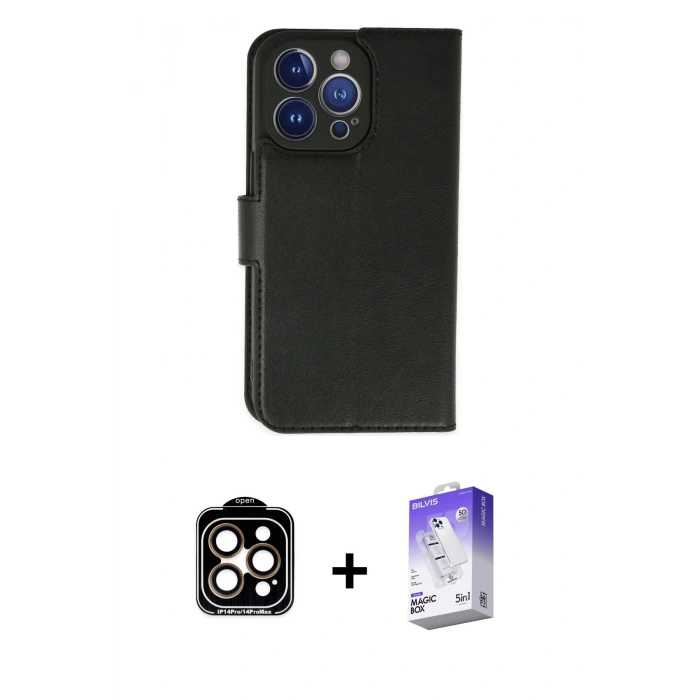 MARSİLYAN™- iPhone 14 Pro Max Kılıf Siluet Işık Serisi - Siyah Bilvis 5in1 3D Magic Cam Ekran Koruyucu + PVD Metal Kamera Lens - TU