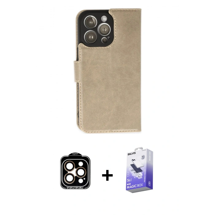 MARSİLYAN™- iPhone 14 Pro Max Kılıf Siluet Işık Serisi - Siyah Bilvis 5in1 5D Magic Hayalet Cam Ekran Koruyucu + Turuncu PVD Metal Kamera Lens