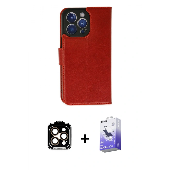 MARSİLYAN™- iPhone 14 Pro Max Kılıf Siluet Işık Serisi - Siyah Bilvis 5in1 5D Magic Hayalet Cam Ekran Koruyucu + Turuncu PVD Metal Kamera Lens