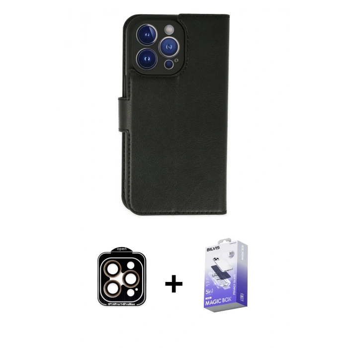 MARSİLYAN™- iPhone 14 Pro Max Kılıf Siluet Işık Serisi - Siyah Bilvis 5in1 5D Magic Hayalet Cam Ekran Koruyucu + Turuncu PVD Metal Kamera Lens