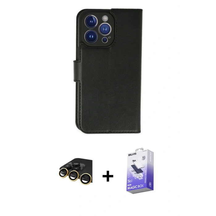 MARSİLYAN™- iPhone 14 Pro Max Kılıf Siluet Işık Serisi - Siyah Bilvis 5in1 5D Magic Hayalet Cam Ekran Koruyucu + Raze Metal Kamera Lens - GD
