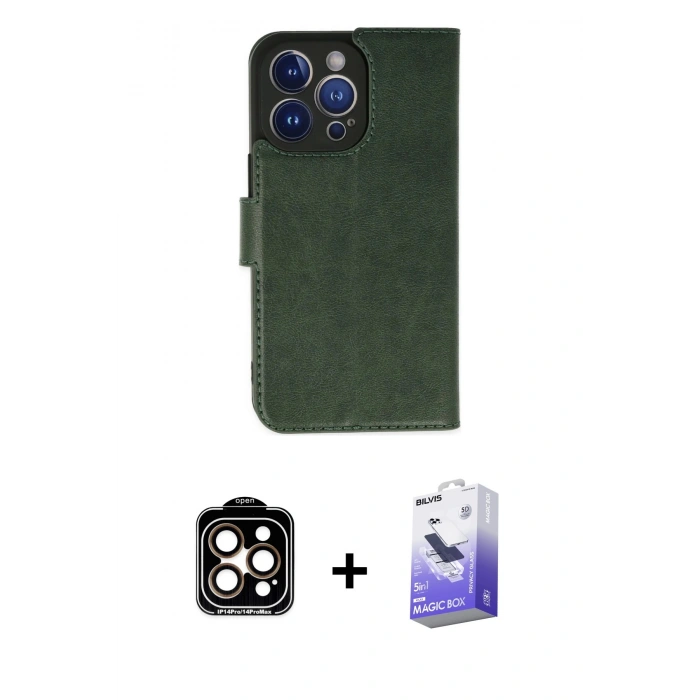 MARSİLYAN™- iPhone 14 Pro Max Kılıf Siluet Işık Serisi - Siyah Bilvis 5in1 5D Magic Hayalet Cam Ekran Koruyucu + Turuncu PVD Metal Kamera Lens