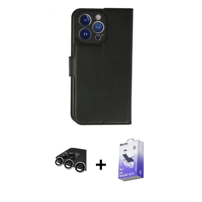 MARSİLYAN™- iPhone 14 Pro Max Kılıf Siluet Işık Serisi - Siyah Bilvis 5in1 5D Magic Hayalet Cam Ekran Koruyucu + Raze Metal Kamera Lens - GS