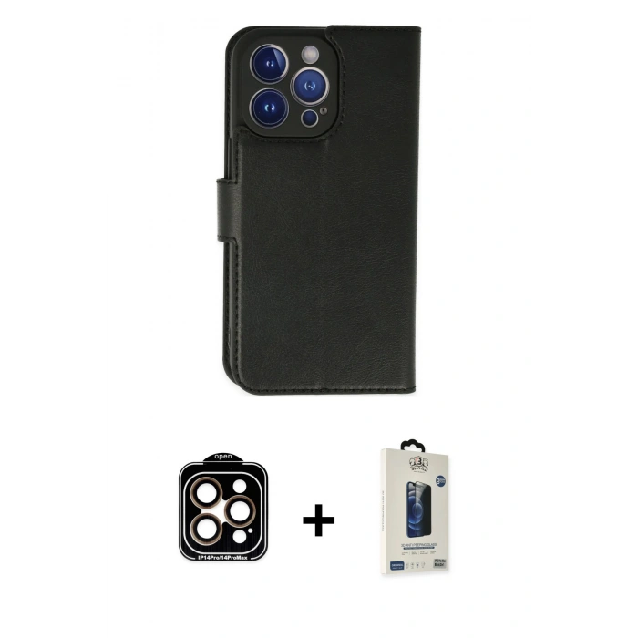 MARSİLYAN™- iPhone 14 Pro Max Kılıf Siluet Işık Serisi - Siyah Bilvis Hayalet Cam Ekran Koruyucu + Turuncu PVD Metal Kamera Lens