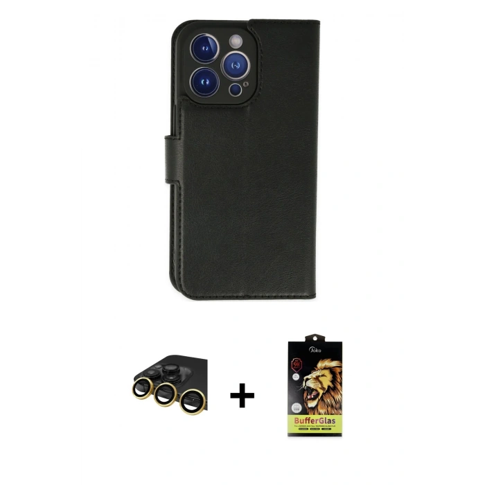 MARSİLYAN™- iPhone 14 Pro Max Kılıf Siluet Işık Serisi - Siyah Buffer Cam Ekran Koruyucu + Raze Metal Kamera Lens - GD