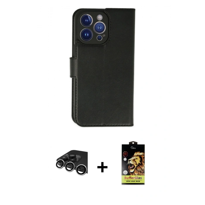 MARSİLYAN™- iPhone 14 Pro Max Kılıf Siluet Işık Serisi - Siyah Buffer Cam Ekran Koruyucu + Raze Metal Kamera Lens - GS