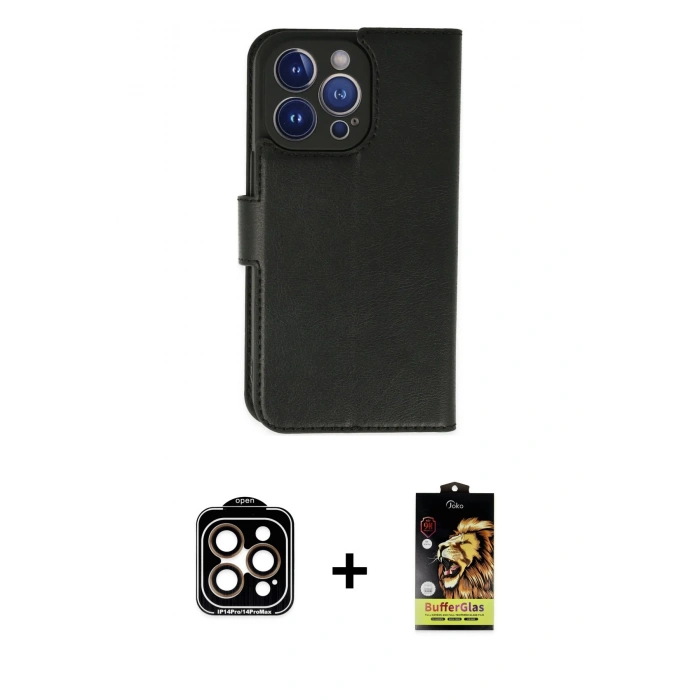 MARSİLYAN™- iPhone 14 Pro Max Kılıf Siluet Işık Serisi - Siyah Buffer Cam Ekran Koruyucu + PVD Metal Kamera Lens - TU
