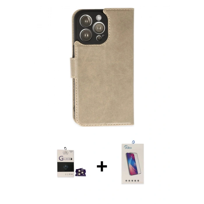 MARSİLYAN™- iPhone 14 Pro Max Kılıf Siluet Işık Serisi - Siyah Joko 5D Cam + Gold Bilvis Titan Kamera Lens