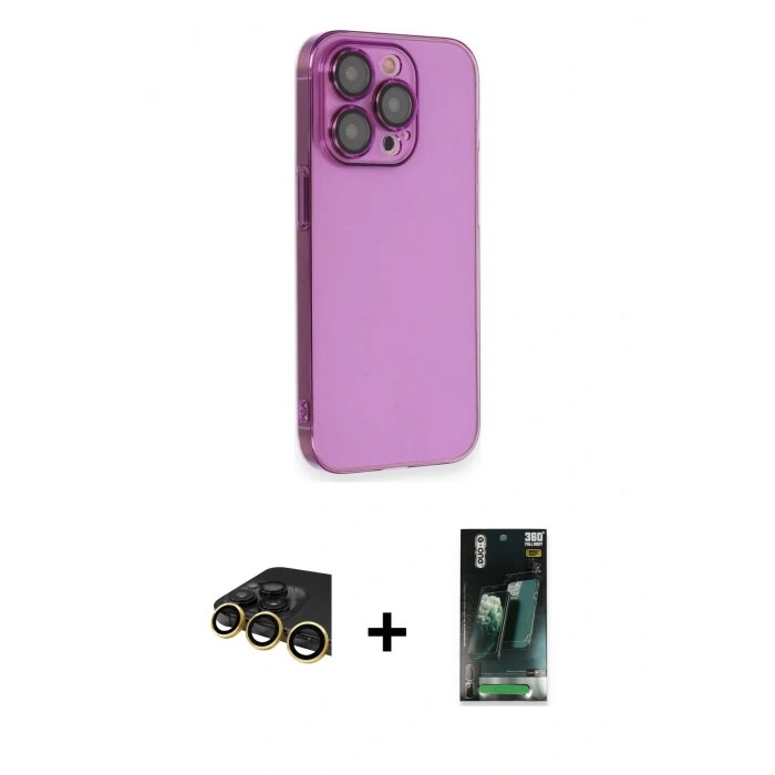 MARSİLYAN™- iPhone 14 Pro Max Kılıf Siluet Minimal Özel Seri - Şeffaf 360 Full Body Arka Koruyucu + Gold Raze Metal Kamera Lens