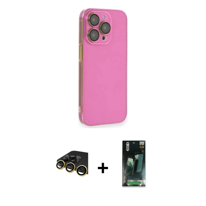 MARSİLYAN™- iPhone 14 Pro Max Kılıf Siluet Minimal Özel Seri - Şeffaf 360 Full Body Arka Koruyucu + Gold Raze Metal Kamera Lens