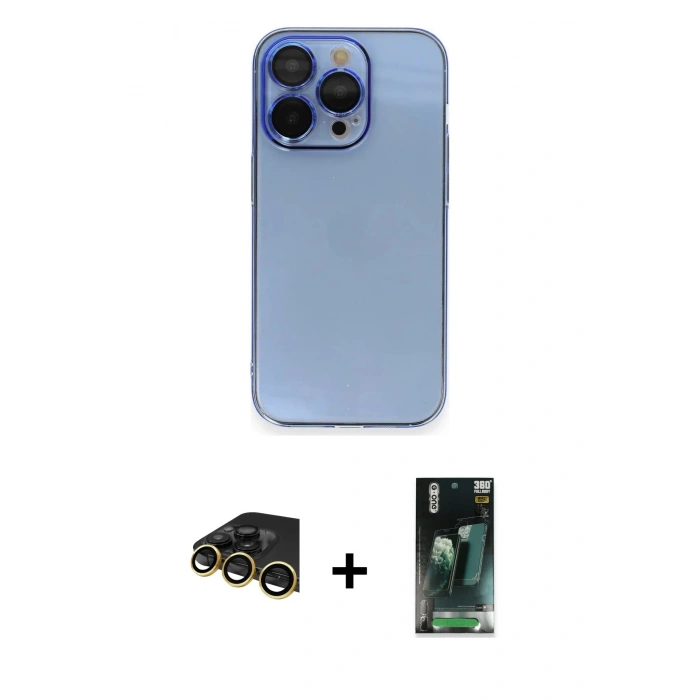 MARSİLYAN™- iPhone 14 Pro Max Kılıf Siluet Minimal Özel Seri - Şeffaf 360 Full Body Arka Koruyucu + Gold Raze Metal Kamera Lens