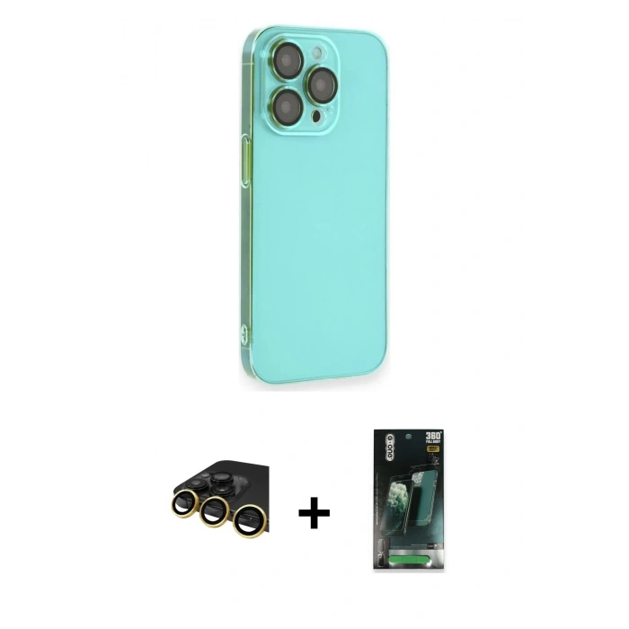 MARSİLYAN™- iPhone 14 Pro Max Kılıf Siluet Minimal Özel Seri - Şeffaf 360 Full Body Arka Koruyucu + Gold Raze Metal Kamera Lens