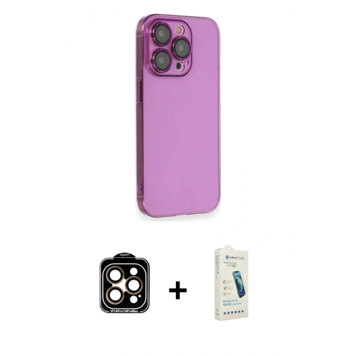 MARSİLYAN™- iPhone 14 Pro Max Kılıf Siluet Minimal Özel Seri - Şeffaf Pasifik Cam Ekran Koruyucu + Turuncu PVD Metal Kamera Lens