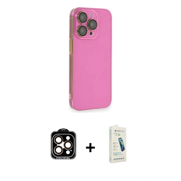MARSİLYAN™- iPhone 14 Pro Max Kılıf Siluet Minimal Özel Seri - Şeffaf Pasifik Cam Ekran Koruyucu + Turuncu PVD Metal Kamera Lens
