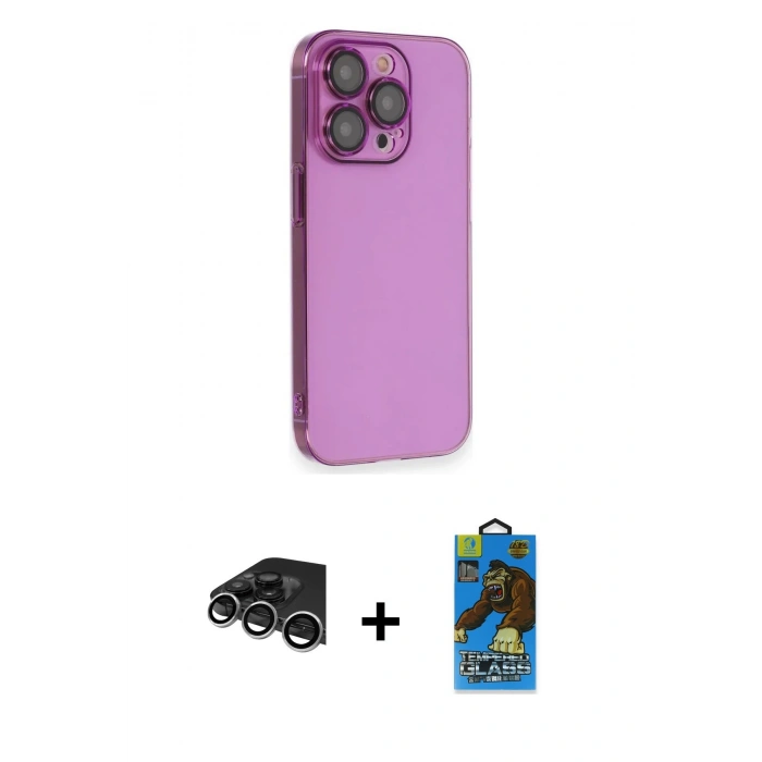 MARSİLYAN™- iPhone 14 Pro Max Kılıf Siluet Minimal Özel Seri - Siyah 18D Cam Ekran Koruyucu + Gümüş Raze Metal Kamera Lens