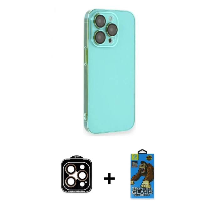 MARSİLYAN™- iPhone 14 Pro Max Kılıf Siluet Minimal Özel Seri - Siyah 18D Cam Ekran Koruyucu + Turuncu PVD Metal Kamera Lens