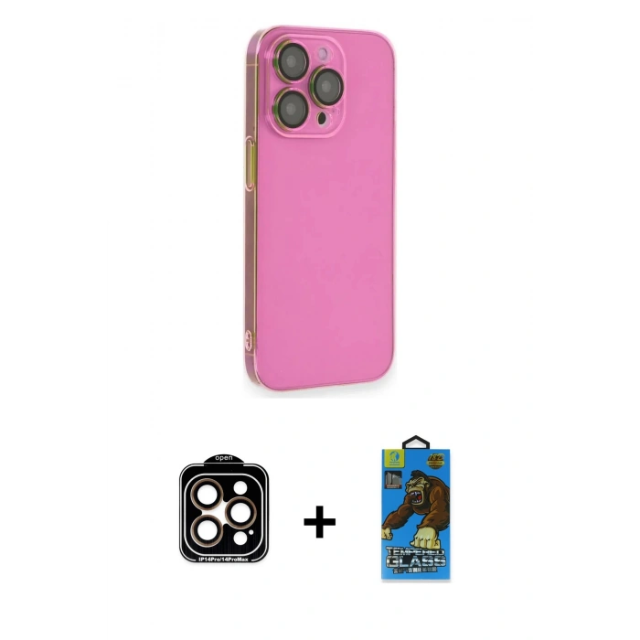 MARSİLYAN™- iPhone 14 Pro Max Kılıf Siluet Minimal Özel Seri - Siyah 18D Cam Ekran Koruyucu + Turuncu PVD Metal Kamera Lens