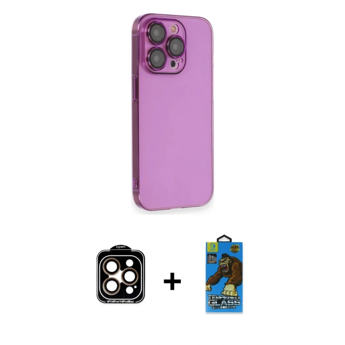 MARSİLYAN™- iPhone 14 Pro Max Kılıf Siluet Minimal Özel Seri - Siyah 18D Cam Ekran Koruyucu + Turuncu PVD Metal Kamera Lens