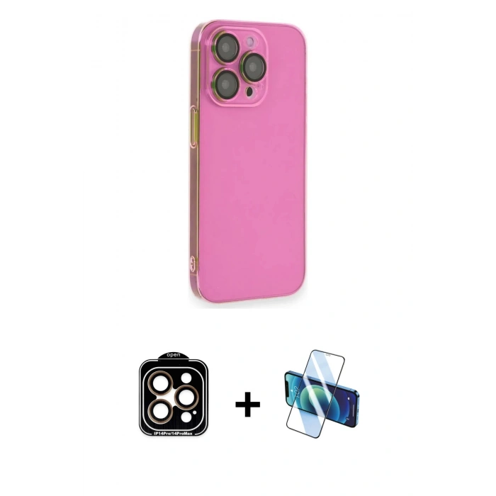 MARSİLYAN™- iPhone 14 Pro Max Kılıf Siluet Minimal Özel Seri - Siyah 3D Antistatik Cam Ekran Koruyucu + PVD Metal Kamera Lens - TU