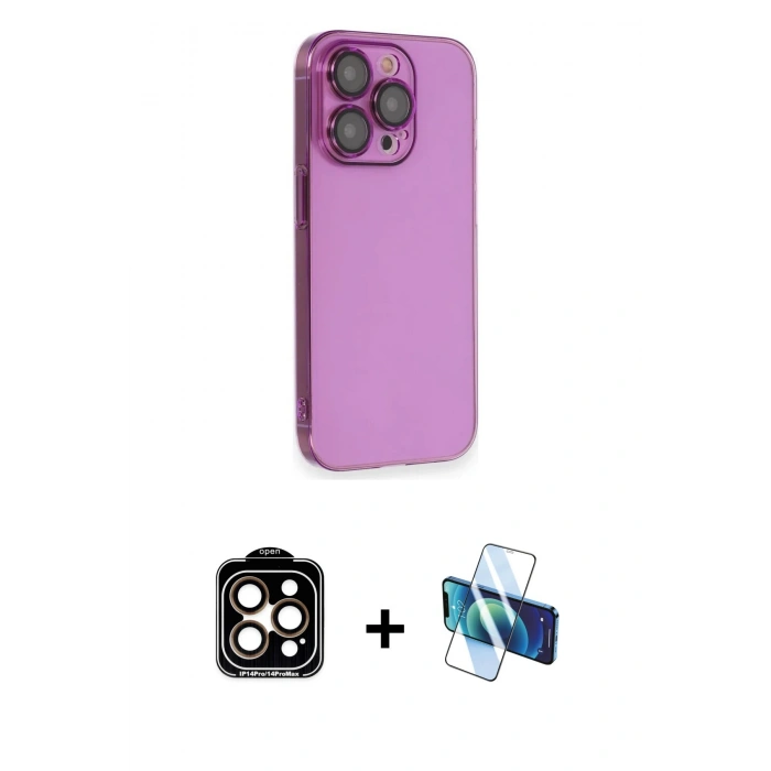 MARSİLYAN™- iPhone 14 Pro Max Kılıf Siluet Minimal Özel Seri - Siyah 3D Antistatik Cam Ekran Koruyucu + PVD Metal Kamera Lens - TU