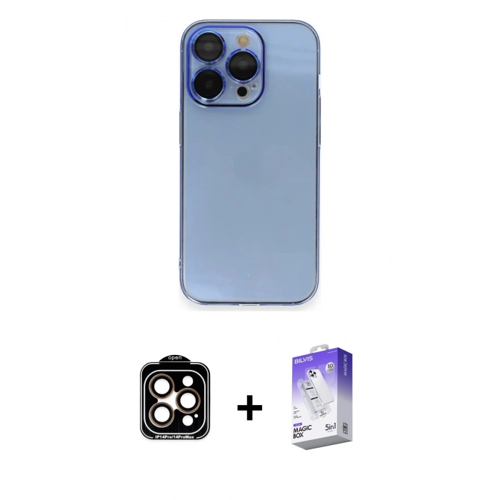 MARSİLYAN™- iPhone 14 Pro Max Kılıf Siluet Minimal Özel Seri - Siyah Bilvis 5in1 3D Magic Cam Ekran Koruyucu + Turuncu PVD Metal Kamera Lens