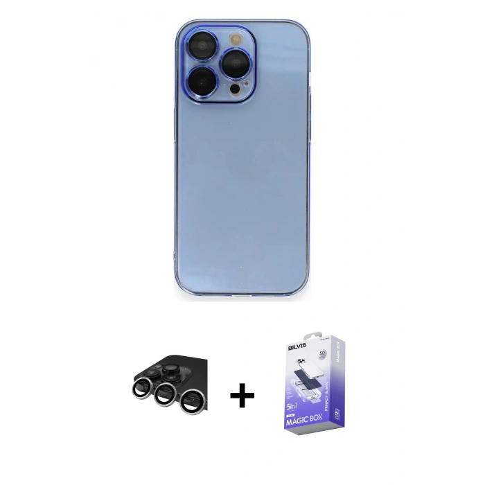 MARSİLYAN™- iPhone 14 Pro Max Kılıf Siluet Minimal Özel Seri - Siyah Bilvis 5in1 5D Magic Hayalet Cam Ekran Koruyucu + Gümüş Raze Metal Kamera Lens
