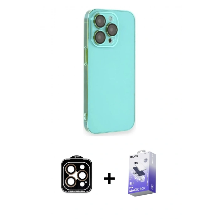 MARSİLYAN™- iPhone 14 Pro Max Kılıf Siluet Minimal Özel Seri - Siyah Bilvis 5in1 5D Magic Hayalet Cam Ekran Koruyucu + PVD Metal Kamera Lens - TU
