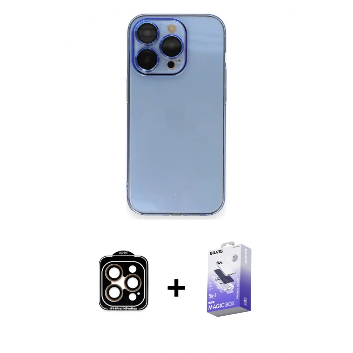 MARSİLYAN™- iPhone 14 Pro Max Kılıf Siluet Minimal Özel Seri - Siyah Bilvis 5in1 5D Magic Hayalet Cam Ekran Koruyucu + PVD Metal Kamera Lens - TU
