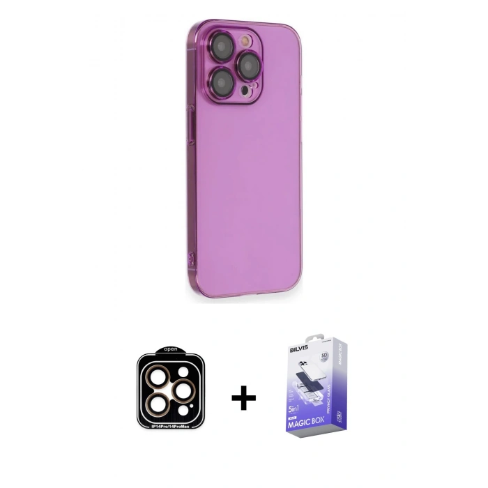 MARSİLYAN™- iPhone 14 Pro Max Kılıf Siluet Minimal Özel Seri - Siyah Bilvis 5in1 5D Magic Hayalet Cam Ekran Koruyucu + PVD Metal Kamera Lens - TU