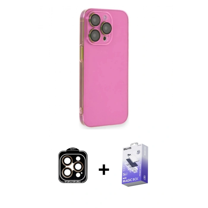 MARSİLYAN™- iPhone 14 Pro Max Kılıf Siluet Minimal Özel Seri - Siyah Bilvis 5in1 5D Magic Hayalet Cam Ekran Koruyucu + PVD Metal Kamera Lens - TU