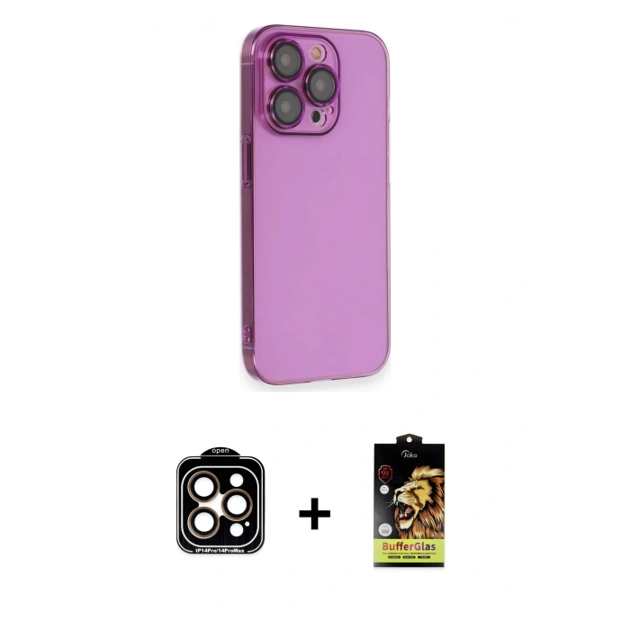 MARSİLYAN™- iPhone 14 Pro Max Kılıf Siluet Minimal Özel Seri - Siyah Buffer Cam Ekran Koruyucu + PVD Metal Kamera Lens - TU
