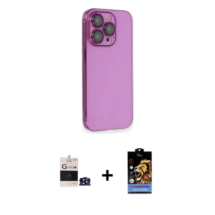 MARSİLYAN™- iPhone 14 Pro Max Kılıf Siluet Minimal Özel Seri - Siyah Buffer Hayalet Cam Ekran Koruyucu + Derin Mor Bilvis Titan Kamera Lens