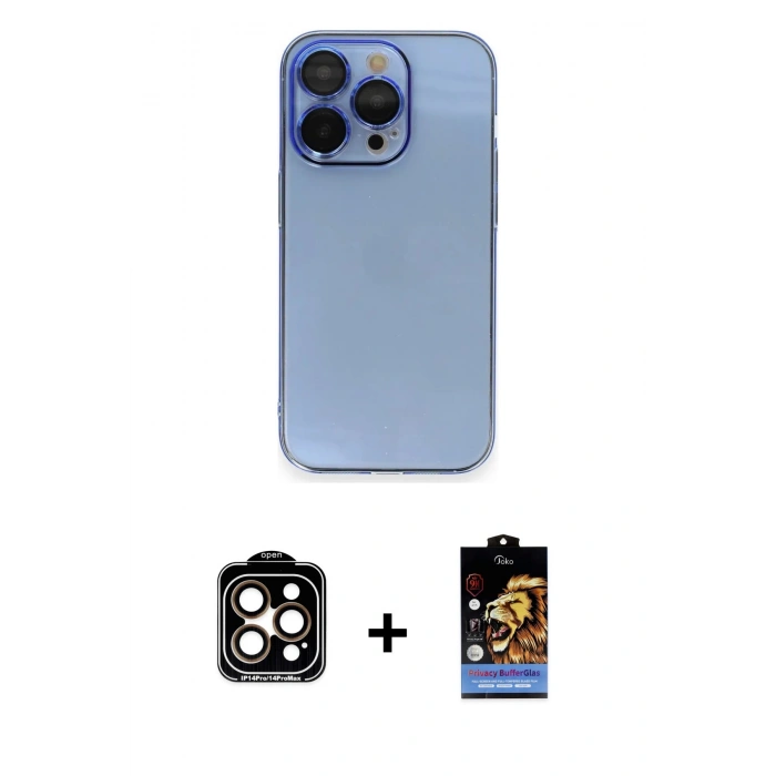 MARSİLYAN™- iPhone 14 Pro Max Kılıf Siluet Minimal Özel Seri - Siyah Buffer Hayalet Cam Ekran Koruyucu + Turuncu PVD Metal Kamera Lens