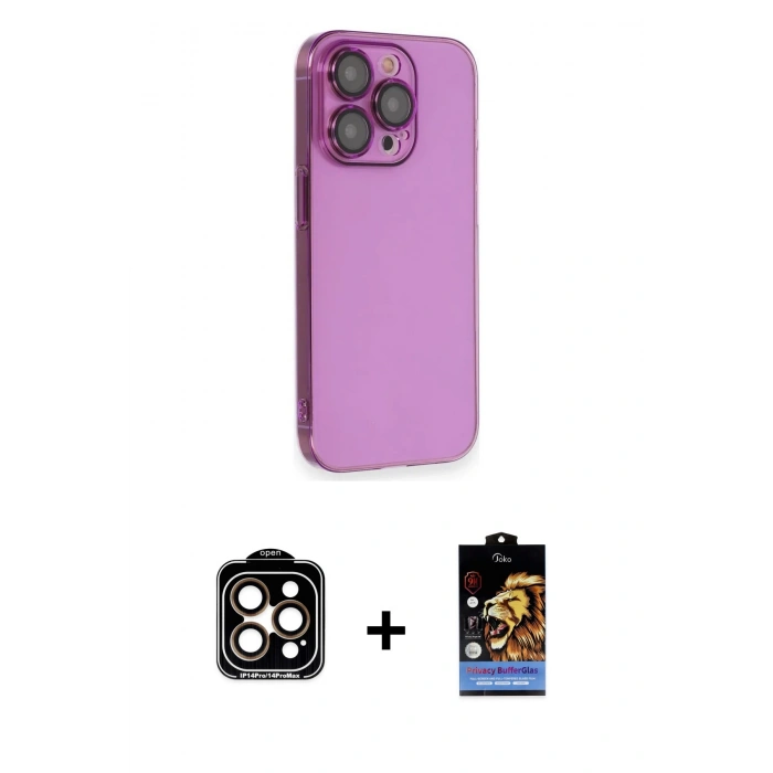 MARSİLYAN™- iPhone 14 Pro Max Kılıf Siluet Minimal Özel Seri - Siyah Buffer Hayalet Cam Ekran Koruyucu + Turuncu PVD Metal Kamera Lens